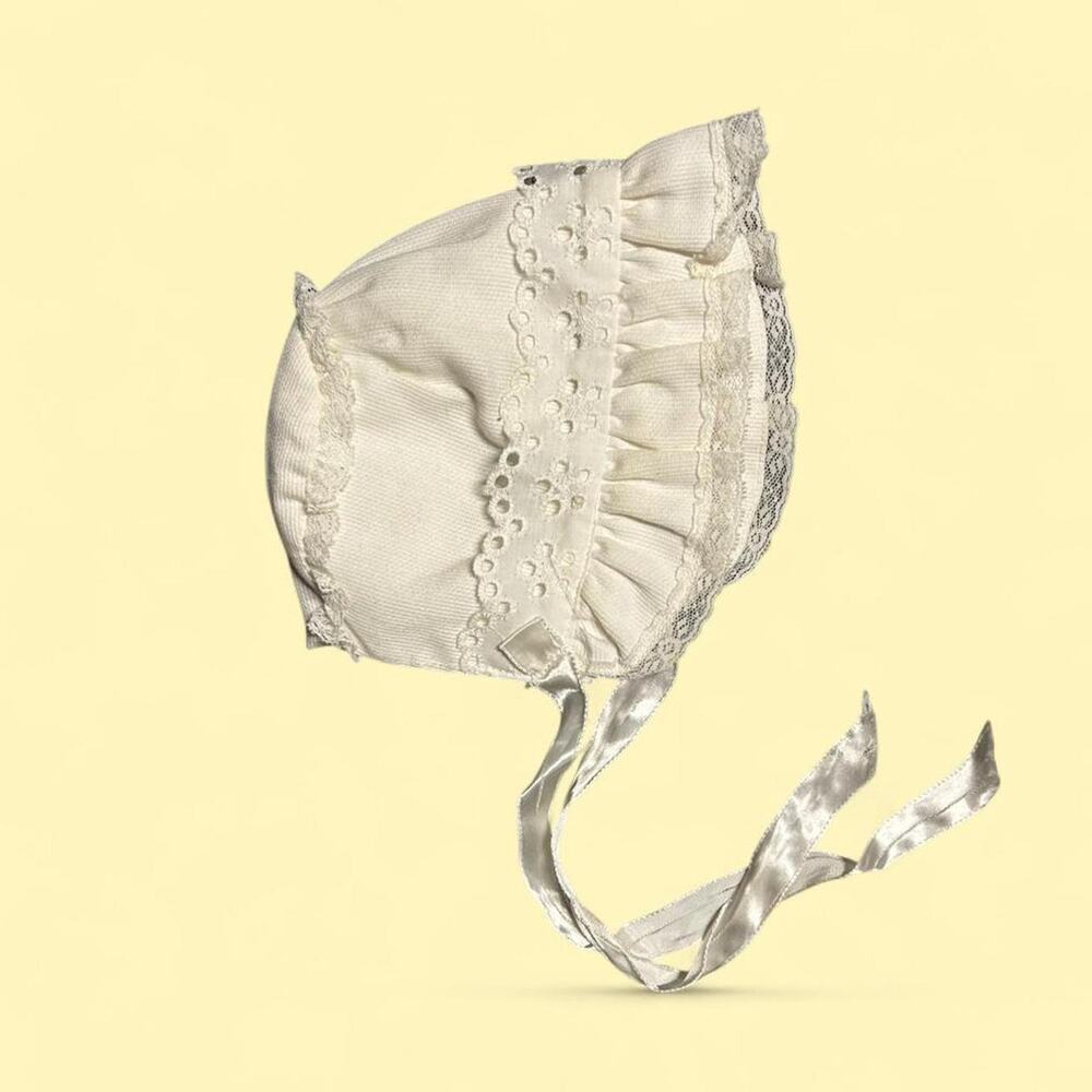 Vintage handmade 1930s depression era cream bonnet lace trim, ruffles ribbon